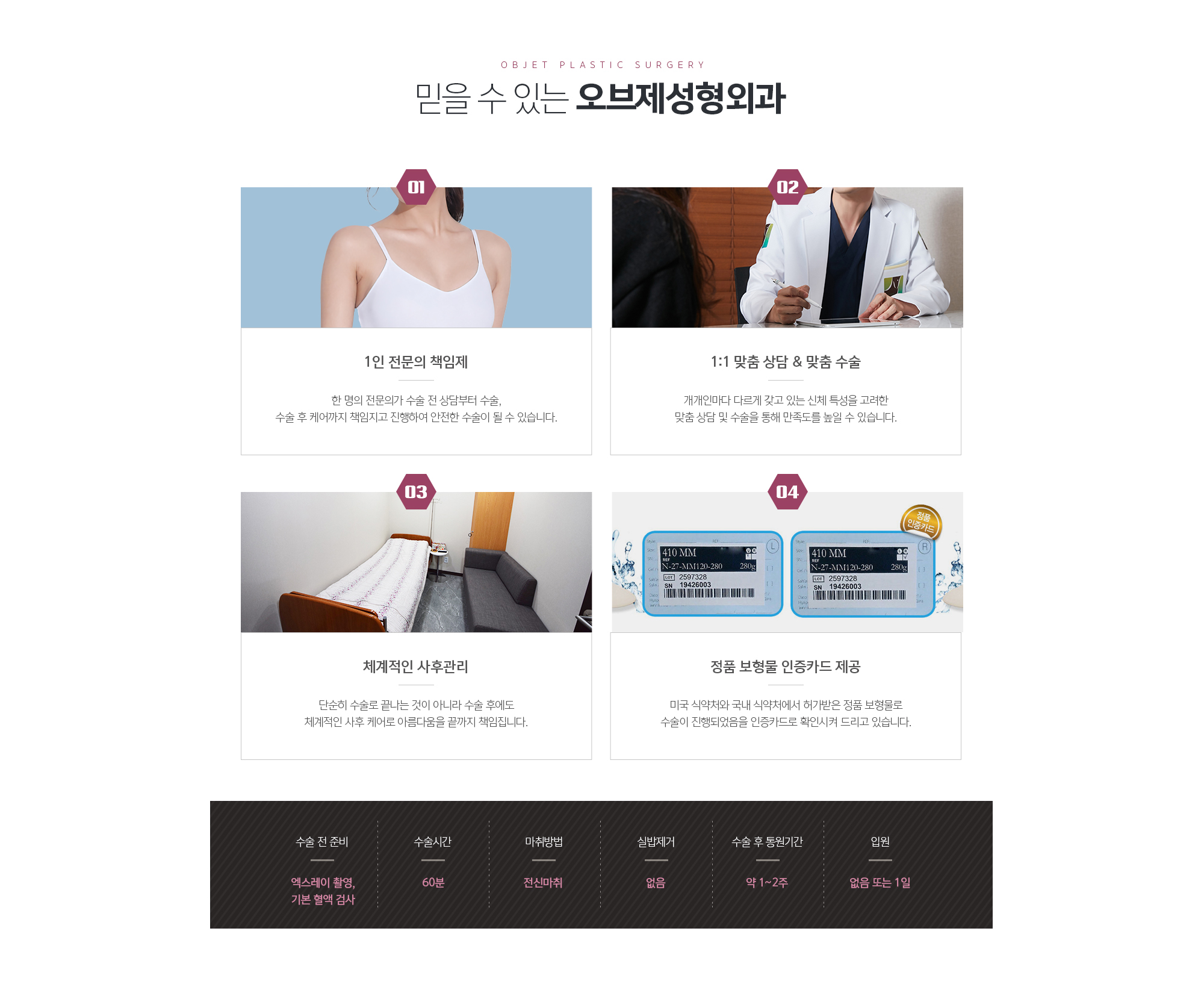 믿을 수 있는 조앤신성형외과
	1. 1인 전문의 책임제
	한 명의 전문의가 수술 전 상담부터 수술, 수술 후 케어까지 책임지고 진행하여 안전한 수술이 될 수 있습니다.
	2. 1:1 맞춤 상담 & 맞춤 수술
	개개인마다 다르게 갖고 있는 신체 특성을 고려한 맞춤 상담 및 수술을 통해 만족도를 높일 수 있습니다.
	3. 체계적인 사후관리
	단순히 수술로 끝나는 것이 아니라 수술 후에도 체계적인 사후 케어로 아름다움을 끝까지 책임집니다.
	4. 정품 보형물 인증카드 제공
	미국 식약처와 국내 식약처에서 허가받은 정품 보형물로 수술이 진행되었음을 인증카드로 확인시켜 드리고 있습니다.
	