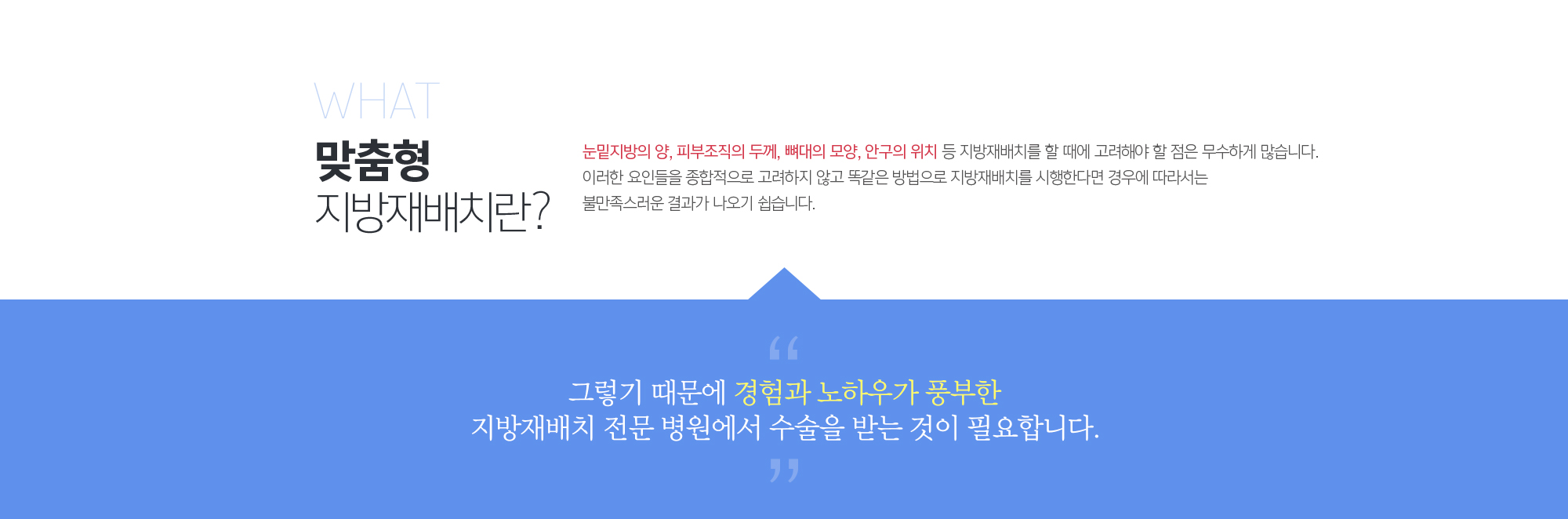 맞춤형 지방재배치란?
	눈밑지방의 양, 피부조직의 두께, 뼈대의 모양, 안구의 위치 등 지방재배치를 할 때에 고려해야 할 점은 무수하게 많습니다. 이러한 요인들을 종합적으로 고려하지 않고 똑같은 방법으로 지방재배치를 시행한다면 경우에 따라서는 불만족스러운 결과가 나오기 쉽습니다. 
	그렇기 때문에 경험과 노하우가 풍부한 지방재배치 전문 병원에서 수술을 받는 것이 필요합니다.
	