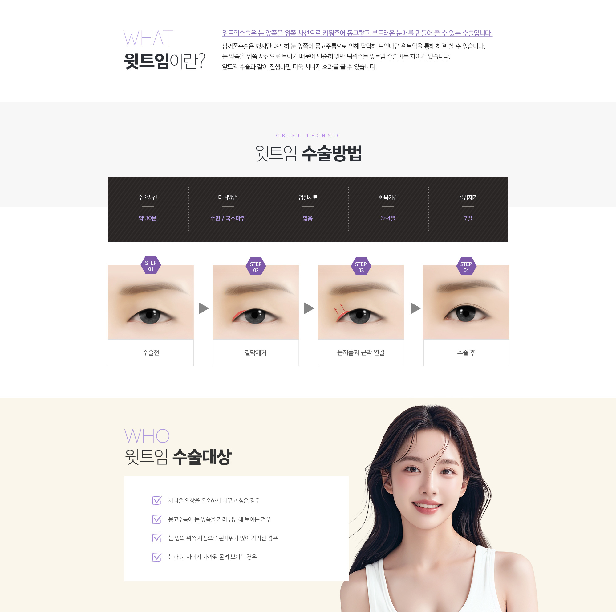 윗트임이란? 
				위트임수술은 눈 앞쪽을 위쪽 사선으로 키워주어 동그랗고 부드러운 눈매를 만들어 줄 수 있는 수술입니다.
				쌍꺼풀수술은 했지만 여전히 눈 앞쪽이 몽고주름으로 인해 답답해 보인다면 위트임을 통해 해결 할 수 있습니다. 눈 앞쪽을 위쪽 사선으로 트이기 때문에 단순히 앞만 틔워주는 앞트임 수술과는 차이가 있습니다. 앞트임 수술과 같이 진행하면 더욱 시너지 효과를 볼 수 있습니다.
				윗트임 수술방법 
				수술전
				결막제거
				눈꺼풀과 근막 연결
				수술 후
				
				윗트임 수술대상
				1. 사나운 인상을 온순하게 바꾸고 싶은 경우
				2. 몽고주름이 눈 앞쪽을 가려 답답해 보이는 겨우
				3. 눈 앞의 위쪽 사선으로 흰자위가 많이 가려진 경우
				4. 눈과 눈 사이가 가까워 몰려 보이는 경우
				