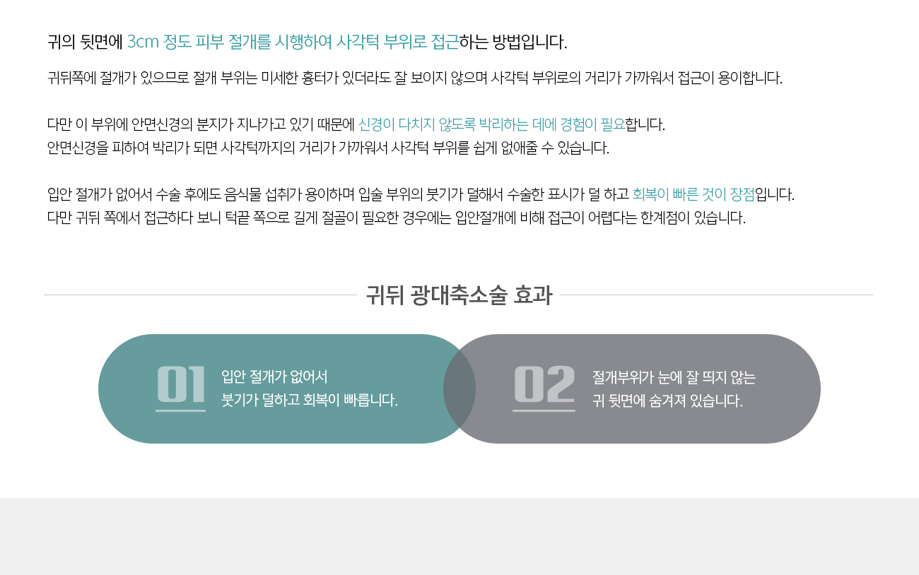 귀의 뒷면에 3cm 정도 피부 절개를 시행하여 사각턱 부위로 접근하는 방법입니다. 
				귀뒤쪽에 절개가 있으므로 절개 부위는 미세한 흉터가 있더라도 잘 보이지 않으며 사각턱 부위로의 거리가 가까워서 접근이 용이합니다. 

				다만 이 부위에 안면신경의 분지가 지나가고 있기 때문에 신경이 다치지 않도록 박리하는 데에 경험이 필요합니다. 안면신경을 피하여 박리가 되면 사각턱까지의 거리가 가까워서 사각턱 부위를 쉽게 없애줄 수 있습니다. 

				입안 절개가 없어서 수술 후에도 음식물 섭취가 용이하며 입술 부위의 붓기가 덜해서 수술한 표시가 덜 하고 회복이 빠른 것이 장점입니다. 다만 귀뒤 쪽에서 접근하다 보니 턱끝 쪽으로 길게 절골이 필요한 경우에는 입안절개에 비해 접근이 어렵다는 한계점이 있습니다.
				