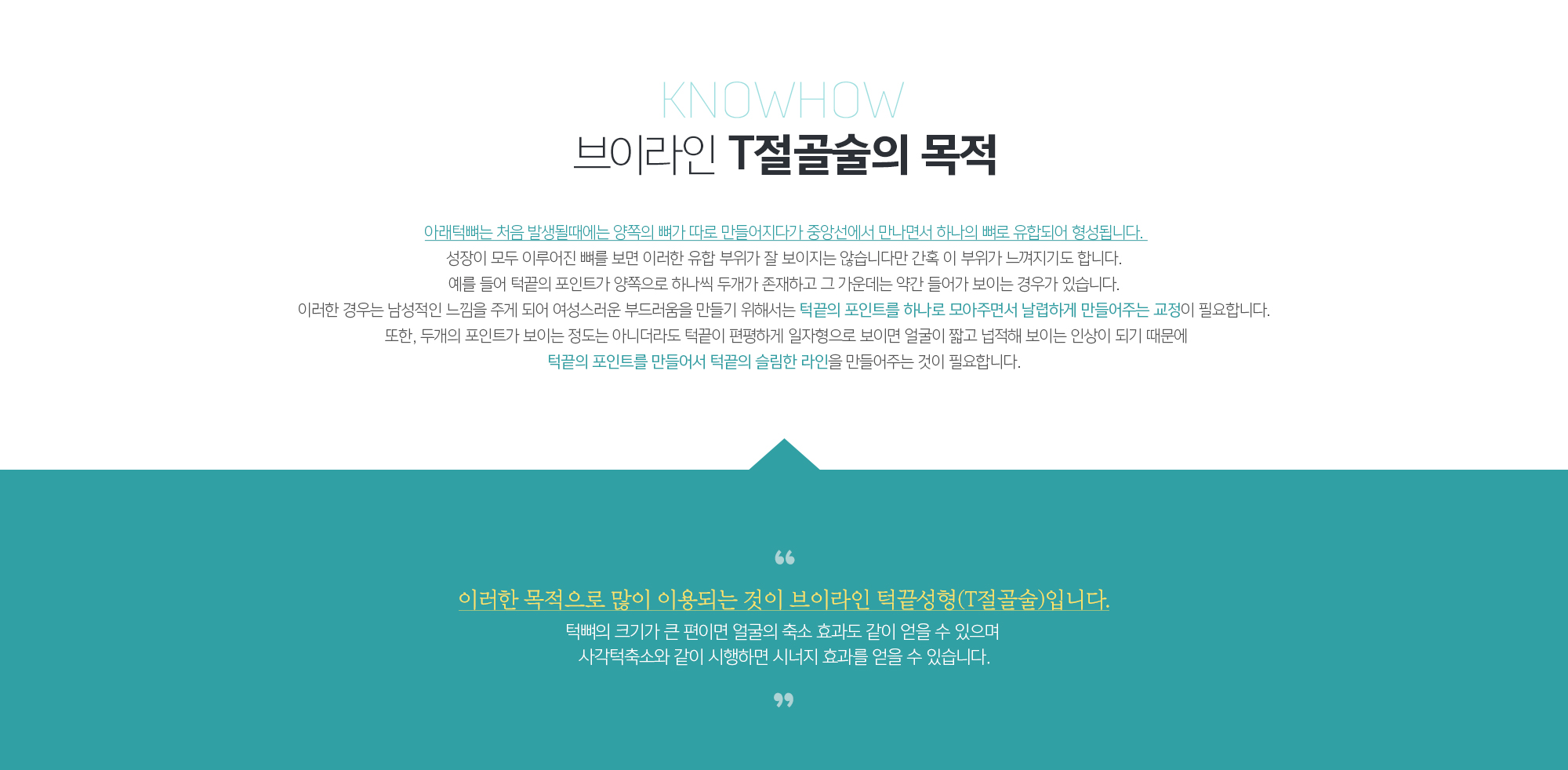 브이라인 T절골술의 목적
	아래턱뼈는 처음 발생될때에는 양쪽의 뼈가 따로 만들어지다가 중앙선에서 만나면서 하나의 뼈로 유합되어 형성됩니다. 성장이 모두 이루어진 뼈를 보면 이러한 유합 부위가 잘 보이지는 않습니다만 간혹 이 부위가 느껴지기도 합니다. 
	예를 들어 턱끝의 포인트가 양쪽으로 하나씩 두개가 존재하고 그 가운데는 약간 들어가 보이는 경우가 있습니다. 이러한 경우는 남성적인 느낌을 주게 되어 여성스러운 부드러움을 만들기 위해서는 턱끝의 포인트를 하나로 모아주면서 날렵하게 만들어주는 교정이 필요합니다. 또한, 두개의 포인트가 보이는 정도는 아니더라도 턱끝이 편평하게 일자형으로 보이면 얼굴이 짧고 넙적해 보이는 인상이 되기 때문에 턱끝의 포인트를 만들어서 턱끝의 슬림한 라인을 만들어주는 것이 필요합니다. 

	이러한 목적으로 많이 이용되는 것이 브이라인 턱끝성형(T절골술)입니다.
	 턱뼈의 크기가 큰 편이면 얼굴의 축소 효과도 같이 얻을 수 있으며 
	사각턱축소와 같이 시행하면 시너지 효과를 얻을 수 있습니다.
	