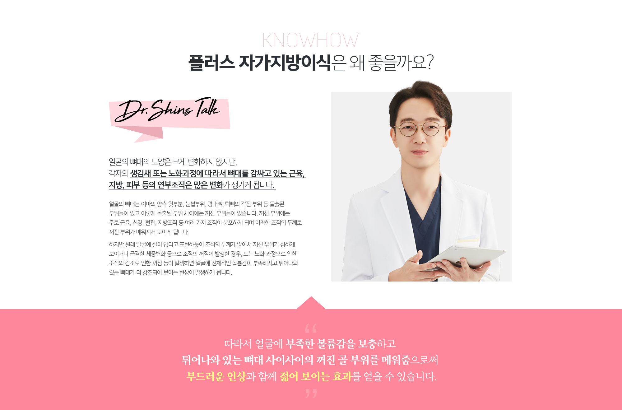 미세지방이식 효과
	얼굴의 뼈대의 모양은 크게 변화하지 않지만, 각자의 생김새 또는 노화과정에 따라서 
	뼈대를 감싸고 있는 근육, 지방, 피부 등의 연부조직은 많은 변화가 생기게 됩니다. 

	얼굴의 뼈대는 이마의 양측 윗부분, 눈썹부위, 광대뼈, 턱뼈의 각진 부위 등 돌출된 부위들이 있고 이렇게 돌출된 부위 사이에는 꺼진 부위들이 있습니다. 꺼진 부위에는 주로 근육, 신경, 혈관, 지방조직 등 여러 가지 조직이 분포하게 되며 이러한 조직의 두께로 꺼진 부위가 메워져서 보이게 됩니다. 

	하지만 원래 얼굴에 살이 없다고 표현하듯이 조직의 두께가 얇아서 꺼진 부위가 심하게 보이거나 급격한 체중변화 등으로 조직의 꺼짐이 발생한 경우, 또는 노화 과정으로 인한 조직의 감소로 인한 꺼짐 등이 발생하면 얼굴에 전체적인 볼륨감이 부족해지고 튀어나와 있는 뼈대가 더 강조되어 보이는 현상이 발생하게 됩니다. 
	따라서 얼굴에 부족한 볼륨감을 보충하고 
	튀어나와 있는 뼈대 사이사이의 꺼진 골 부위를 메워줌으로써 
	부드러운 인상과 함께 젊어 보이는 효과를 얻을 수 있습니다.
	