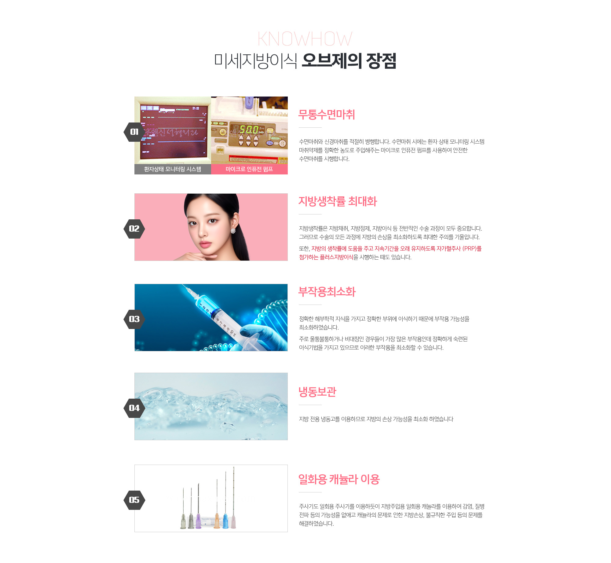 미세지방이식 조앤신의 장점
	무통수면마취
	수면마취와 신경마취를 적절히 병행합니다. 수면마취 시에는 환자 상태 모니터링 시스템과 마취약제를 정확한 농도로 주입해주는 마이크로 인퓨전 펌프를 사용하여 안전한 수면마취를 시행합니다.
	지방생착률 최대화
	지방생착률은 지방채취, 지방정제, 지방이식 등 전반적인 수술 과정이 모두 중요합니다. 그러므로 수술의 모든 과정에 지방의 손상을 최소화하도록 최대한 주의를 기울입니다. 
	또한, 지방의 생착률에 도움을 주고 지속기간을 오래 유지하도록 자가혈주사 (PRP)를 첨가하는 플러스지방이식을 시행하는 때도 있습니다.
	부작용최소화
	정확한 해부학적 지식을 가지고 정확한 부위에 이식하기 때문에 부작용 가능성을 최소화하였습니다. 
	주로 울퉁불퉁하거나 비대칭인 경우들이 가장 많은 부작용인데 정확하게 숙련된 이식기법을 가지고 있으므로 이러한 부작용을 최소화할 수 있습니다.
	냉동보관
	지방 전용 냉동고를 이용하므로 지방의 손상 가능성을 최소화 하였습니다
	일화용 캐뉼라 이용
	주사기도 일회용 주사기를 이용하듯이 지방주입용 일회용 캐뉼라를 이용하여 감염, 질병 전파 등의 가능성을 없애고 캐뉼라의 문제로 인한 지방손상, 불규칙한 주입 등의 문제를 해결하였습니다.
	