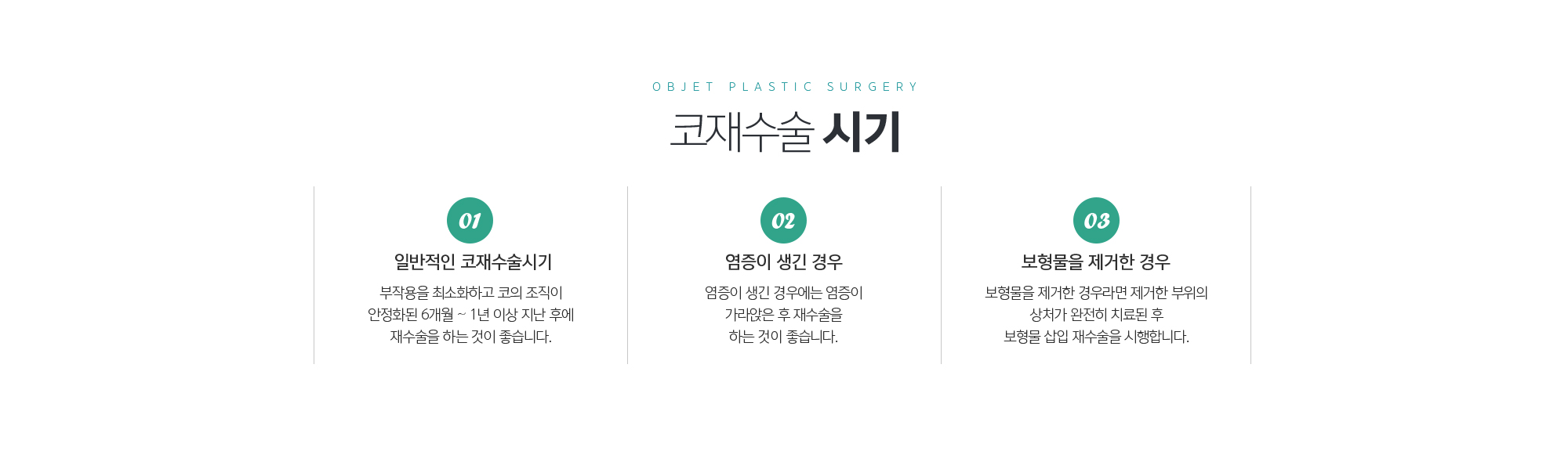 코재수술 시기
	01. 일반적인 코재수술시기
	부작용을 최소화하고 코의 조직이 안정화된 6개월~ 1년 이상 지난 후에 재수술을 하는 것이 좋습니다.
	02. 염증이 생긴 경우
	염증이 생긴 경우에는 염증이 가라앉은 후 재수술을 하는 것이 좋습니다.
	03. 보형물을 제거한 경우
	보형물을 제거한 경우라면 제거한 부위의 상처가 완전히 치료된 후 보형물 삽입 재수술을 시행합니다.
	