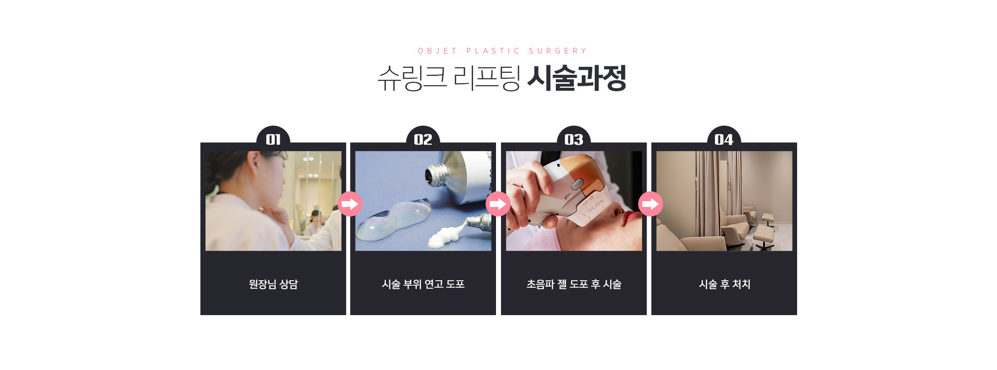 슈링크리프팅 시술과정
	원장님 상담
	시술 부위 연고 도포
	초음파 젤 도포 후 시술
	시술 후 처치
	