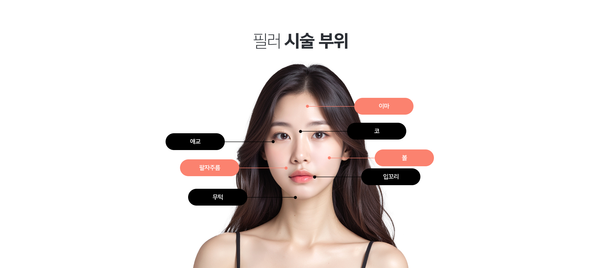 필러 시술 부위
	이마
	코
	볼
	입꼬리
	입술
	애교
	팔자주름
	무턱
	