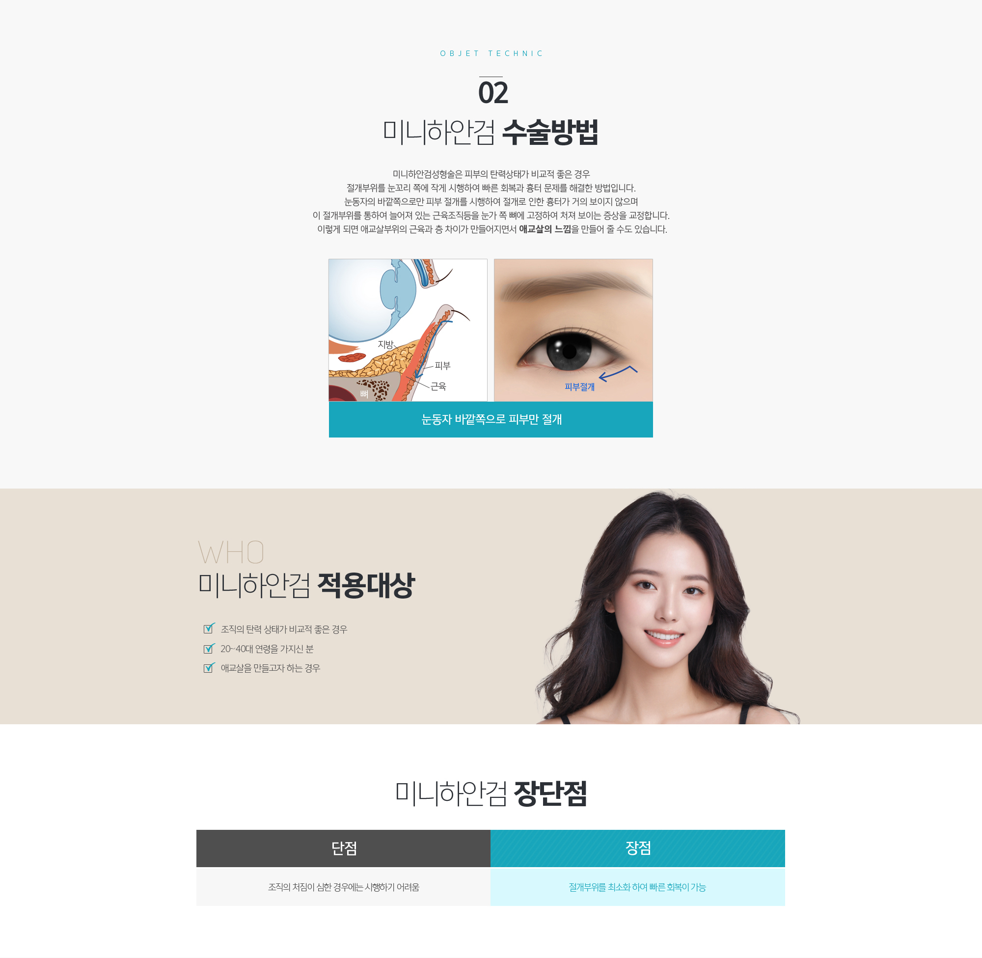 미니하안검 수술방법
	미니하안검성형술은 피부의 탄력상태가 비교적 좋은 경우 
	절개부위를 눈꼬리 쪽에 작게 시행하여 빠른 회복과 흉터 문제를 해결한 방법입니다. 
	눈동자의 바깥쪽으로만 피부 절개를 시행하여 절개로 인한 흉터가 거의 보이지 않으며 
	이 절개부위를 통하여 늘어져 있는 근육조직등을 눈가 쪽 뼈에 고정하여 처져 보이는 증상을 교정합니다. 
	이렇게 되면 애교살부위의 근육과 층 차이가 만들어지면서 애교살의 느낌을 만들어 줄 수도 있습니다.
	미니하안검 적용대상
	조직의 탄력 상태가 비교적 좋은 경우
	20~40대 연령을 가지신 분
	애교살을 만들고자 하는 경우
	